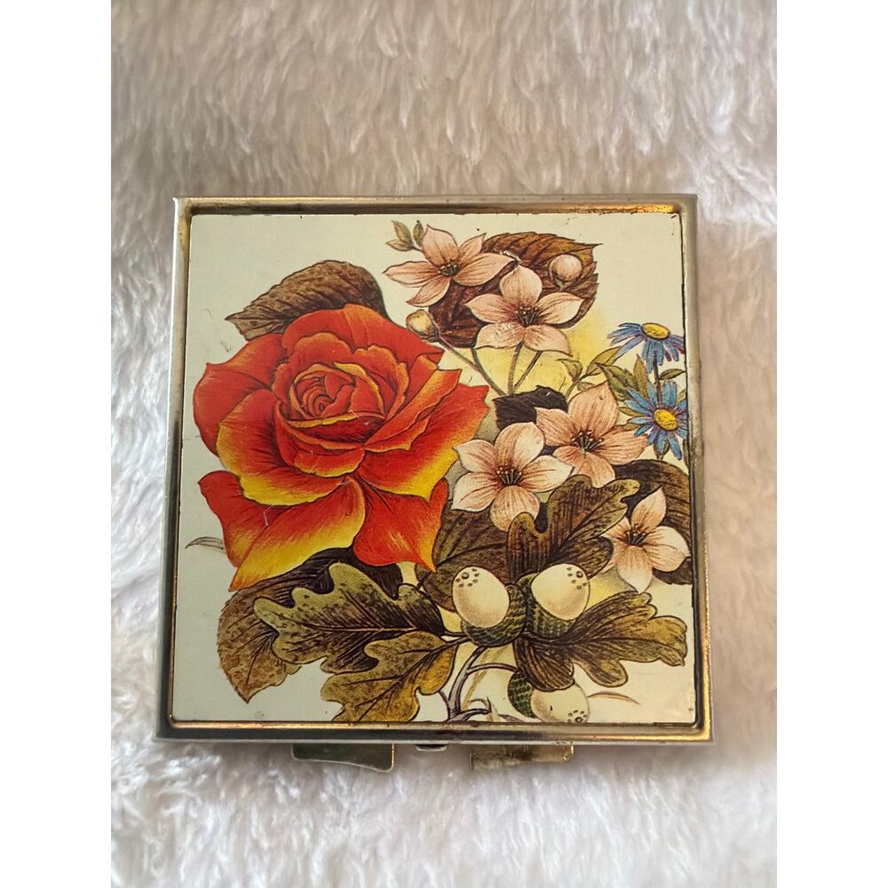 Vintage Floral Pill Box Trinket Box Square Metal Rose Flower Vanity Case